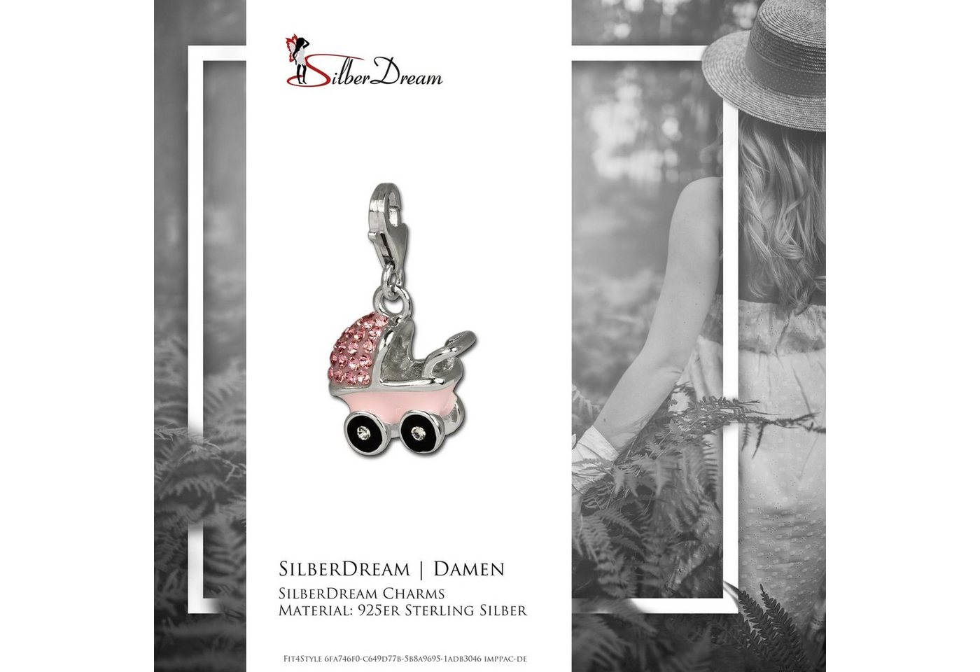 SilberDream Charm-Einhänger SilberDream rosa Charm Kinderwagen, Charmsanhänger Kinderwagen, 925 Sterling Silber, Farbe: rosa, weiß – Bild 2 von 4