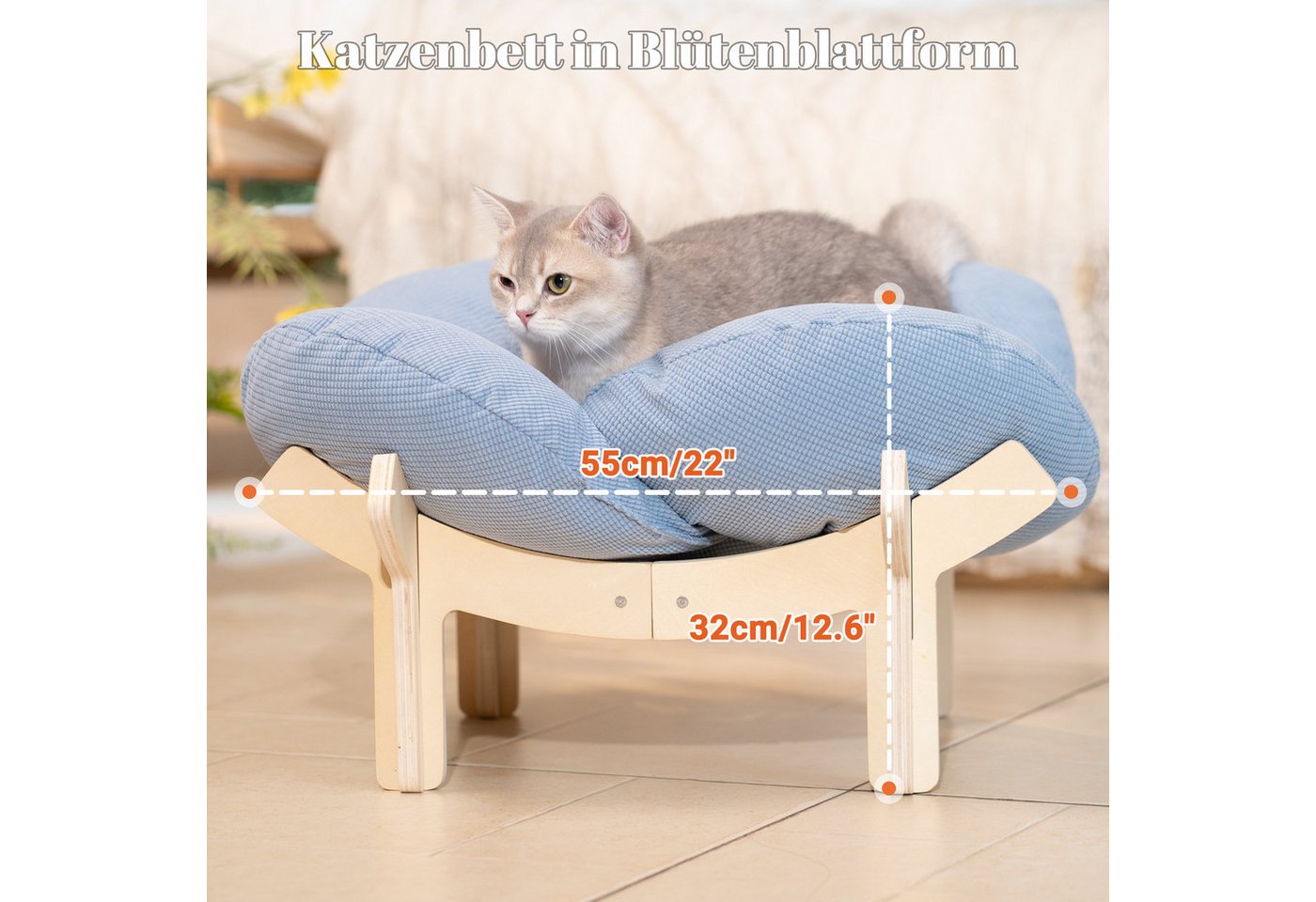 CheerPals Tierbett Erhöhtes Blumenform, 55cm großes Katzensofa, weiches Kissen, Polyesterfaser – Bild 2 von 5