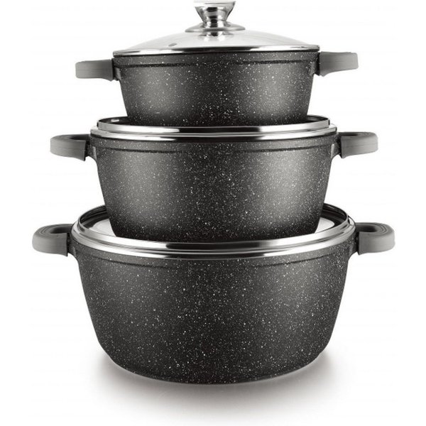 Cheffinger Kochtopf 6-tlg Kochtopfset mit Deckel ø36cm/ø40cm/ø44cm für alle Herdarten, Aluminium, 18/10-Stahl, Glas, Marmor, Antihaft