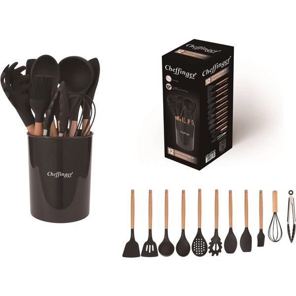 Cheffinger Küchenorganizer-Set Küchenhelfer Küchenutensilien Set mit Ständer 12-tlg.schwarz, (Küchenhelferset bestehend aus 12 Teilen)