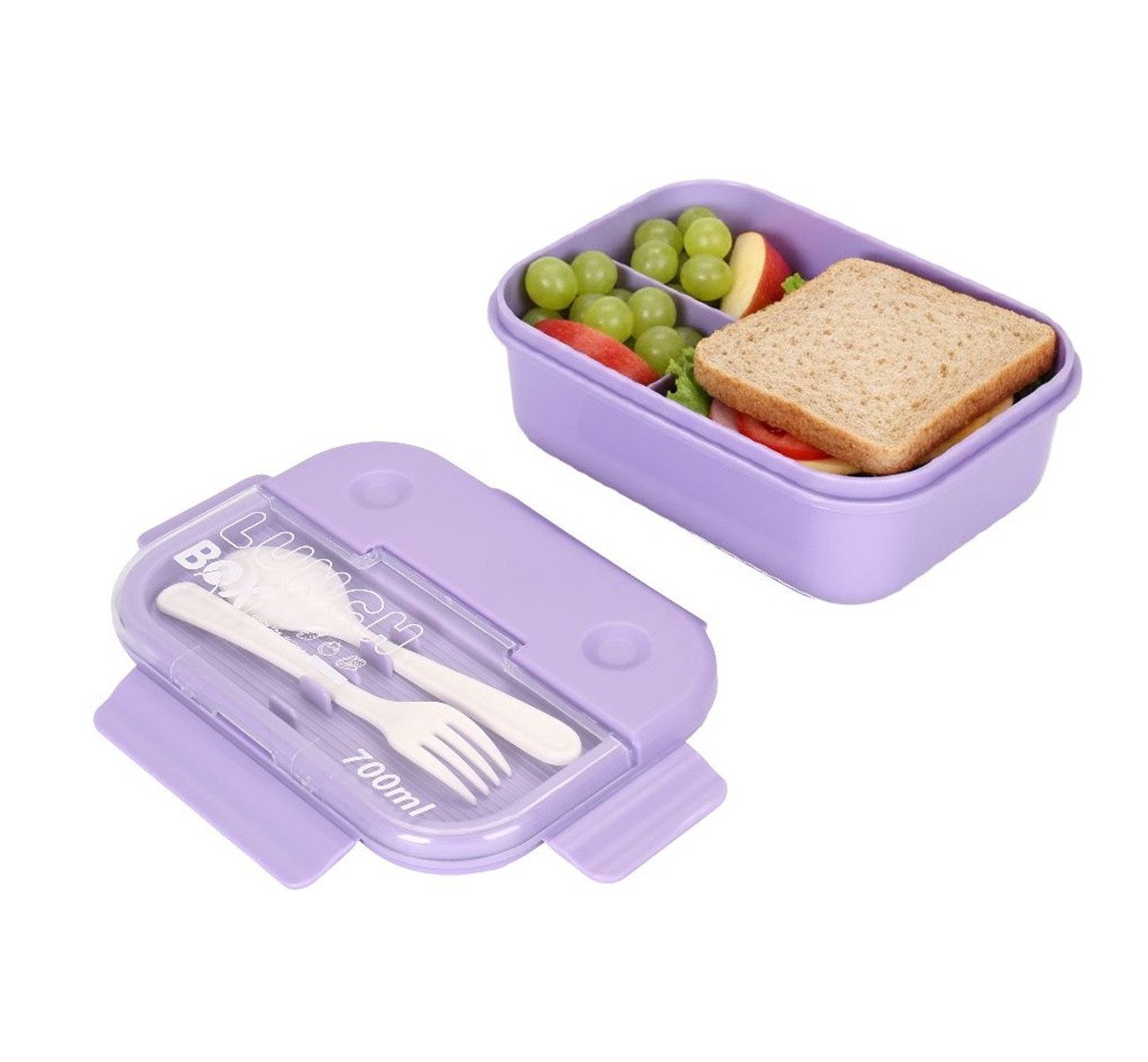 Cheffinger Lunchbox mit Besteck 700 ml - Brotdose mit 3 Fächern für Schule & Büro, Kunststoff, (4-tlg), mit Löffel & Gabel, 700 ml – Bild 4 von 5