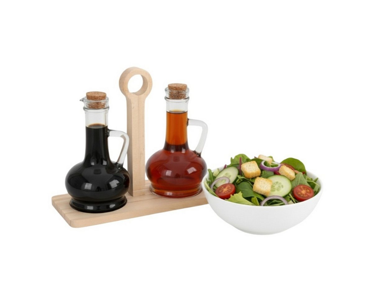 Cheffinger Ölspender Essigspender im Holzständer - Set mit 2 Karaffen & Korkverschluss, (3-tlg) – Bild 3 von 5