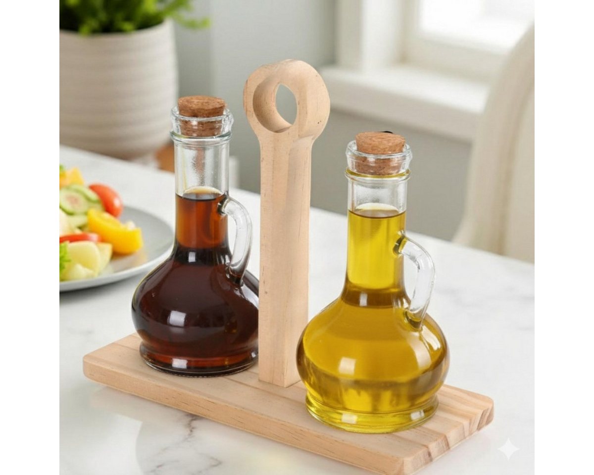 Cheffinger Ölspender Essigspender im Holzständer - Set mit 2 Karaffen & Korkverschluss, (3-tlg) – Bild 4 von 5