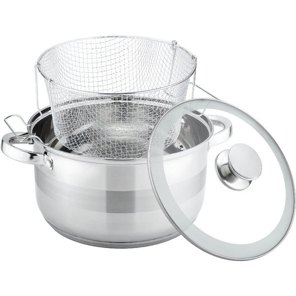 Cheffinger Topf-Set Frittiertopf Fritteuse Pommes Topf + Frittierkorb + Glasdeckel, Material: Glas, Edelstahl