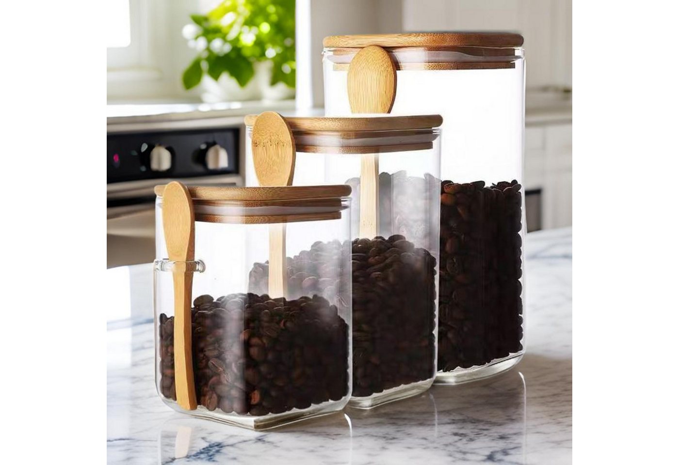 Cheffinger Vorratsglas 3-teiliges Set mit Bambusdeckel & Löffel – Luftdicht & Stilvoll, (3-tlg) – Bild 3 von 4