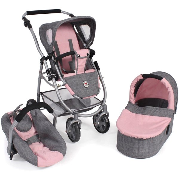 CHIC2000 Kombi-Puppenwagen Emotion All In 3in1, Grau-Rosa, inkl. Babywanne, Babyschale und Sportwagenaufsatz