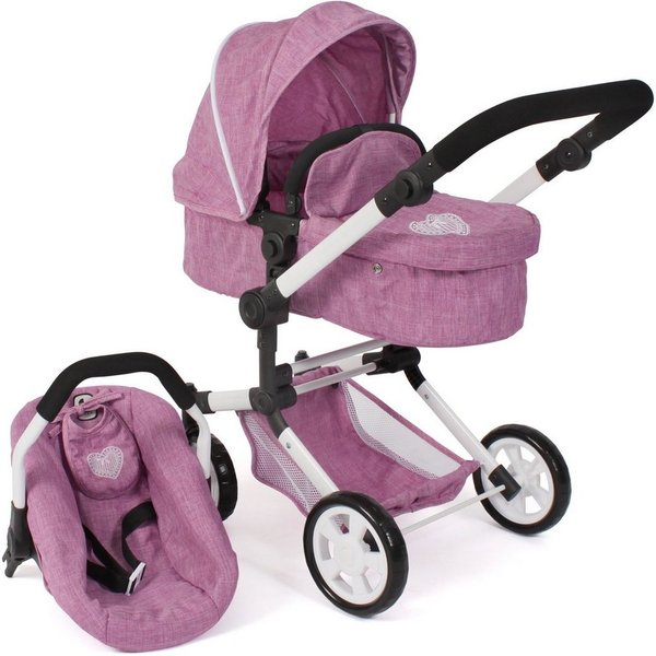CHIC2000 Kombi-Puppenwagen Linus, Jeans Pink, (Set), mit Babywanne und Autositz
