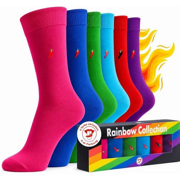 Chili Lifestyle Freizeitsocken 6 Paar LIMITED EDITION Rainbow Unisex Bunte Socken mit Geschenkbox (Multipack, 6-Paar, Geschenksocke 6 Farben - Baumwollsocken mi