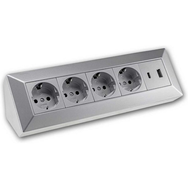 ChiliTec Aufputz-Steckdose 4-fach Steckdosenblock + USB-A&C silber 250V~/ 16A