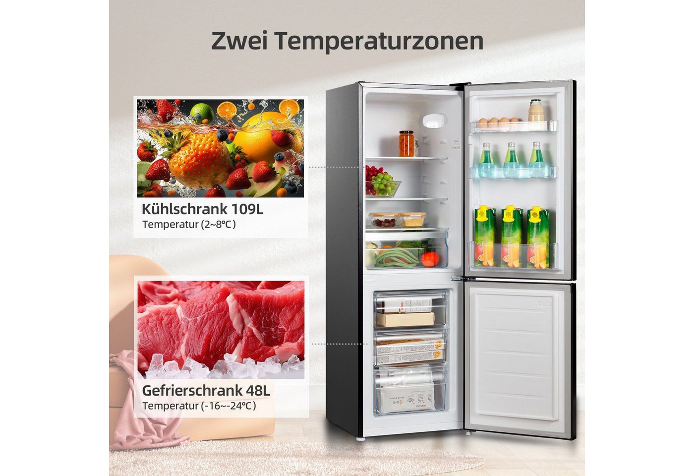 CHiQ Kühl-/Gefrierkombination CBM159LEBD, 144 cm hoch, 50 cm breit, 157L, 12 Jahre Garantie auf den Kompressor, LED-Innenbeleuchtung – Bild 4 von 5