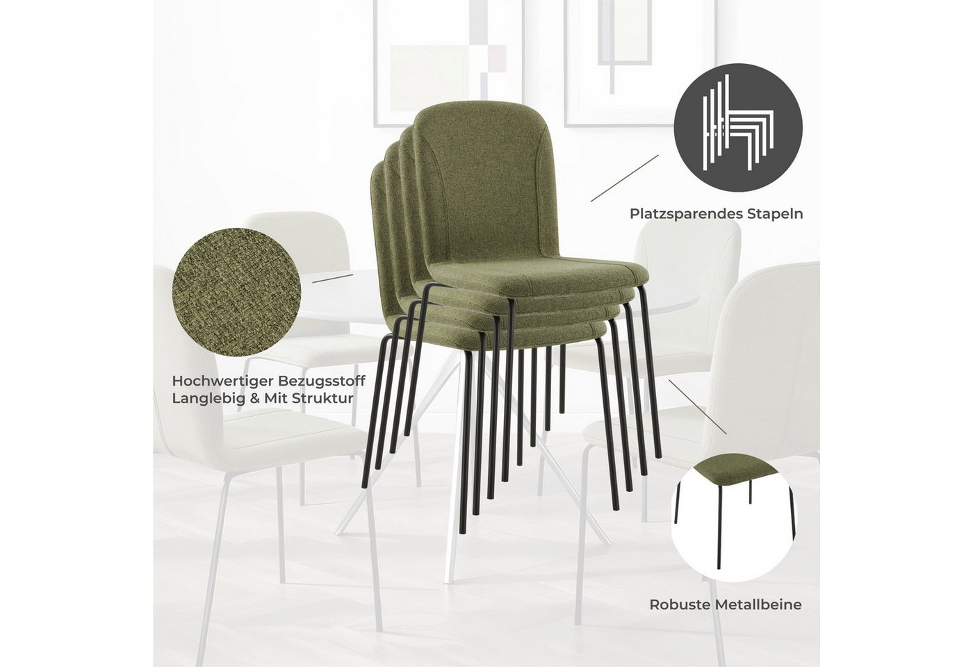 CHITA Esszimmerstuhl 4er Set stapelbar, ergonomisch, OEKO-TEX, Metallgestell (4er Set), Bürostuhl, Küchenstuhl, 4-Fuß-Stuhl, Stapelstuhl – Bild 4 von 5