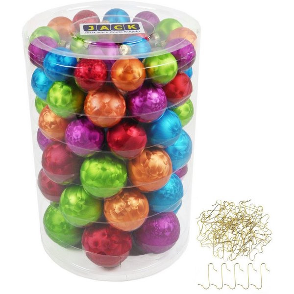 JACK Christbaumschmuck JACK 60x Inge Glas Christbaumkugeln 4 5 6 7 cm Eislack Bunt + Haken, inklusive praktischer Aufbewahrungsbox + Haken, Made in Germany