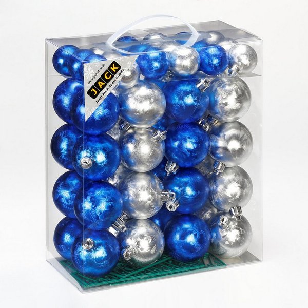 JACK Christbaumschmuck JACK by Inge 50x Kunststoff Kugeln Eislack Blau Silber Christbaumkugel, Inkl. Haken, Rillenoptik aus Kunststoff Ø 4 + 6 cm, Aufbewahrungs