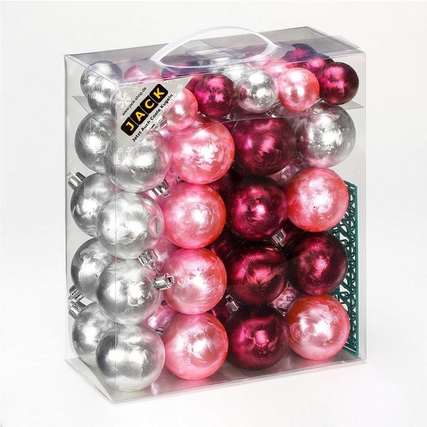 JACK Christbaumschmuck JACK by Inge 50x Kunststoff Kugeln Eislack Rosa Bordeaux Silber, inkl. Haken, Kugel-Set mit Eislackeffekt aus Kunststoff Ø 4+6cm