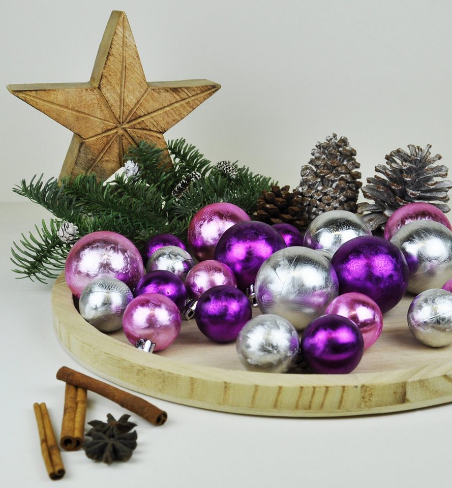 JACK Christbaumschmuck JACK by Inge 50x Kunststoff Kugeln Eislack Violett Flieder Silber, Inkl. Haken, Rillenoptik aus Kunststoff Ø 4 + 6 cm, Aufbewahrungsbox – Bild 4 von 5