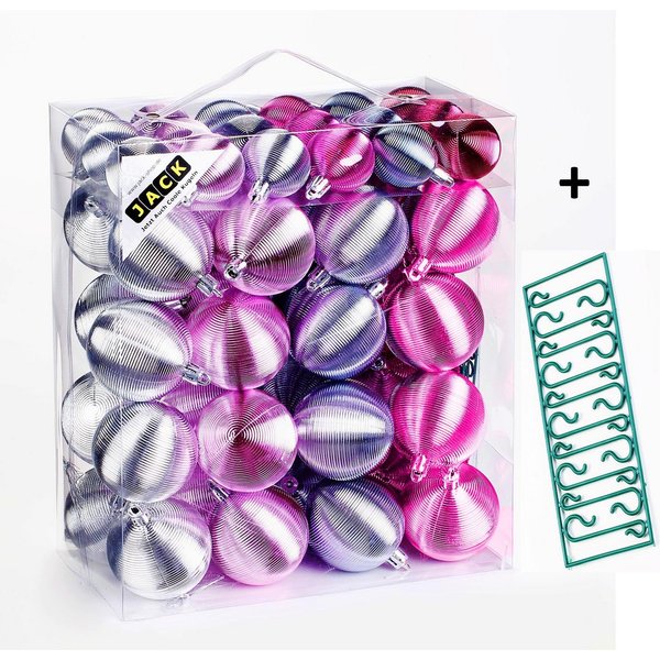 JACK Christbaumschmuck JACK by Inge 50x Kunststoff Kugeln Pink Silber Christbaumkugeln Rille, Inkl. Haken, Rillenoptik aus Kunststoff Ø 4 + 6 cm, Aufbewahrungsb