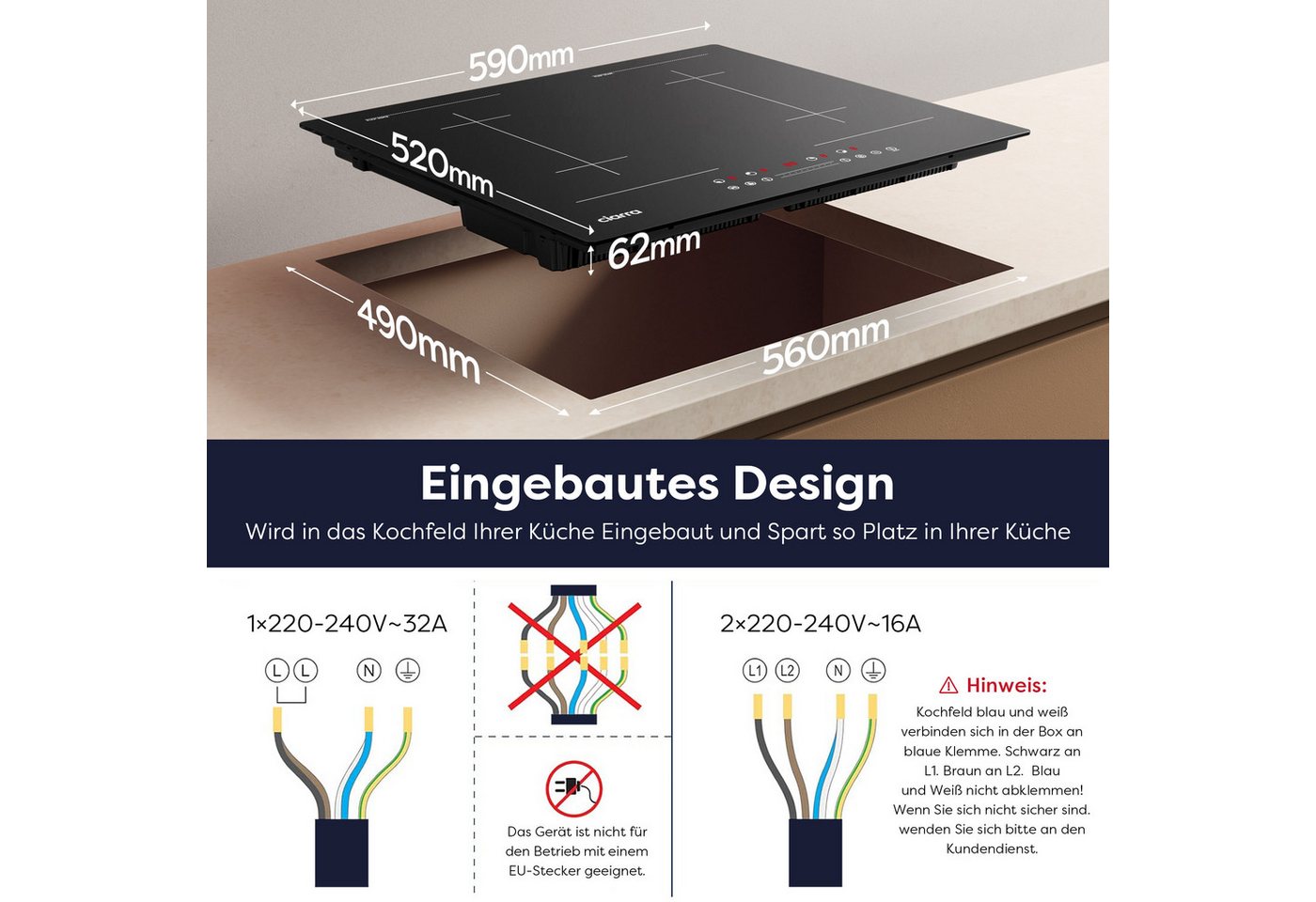 CIARRA Flex-Induktions-Kochfeld 60 cm Induktionskochfeld mit BOOST 2-Flex-Zone Touch Control CBBIH4BFF, 4-Zonen Einbau Kochfelder Induktionsherd 9 Stufen 99 Min – Bild 2 von 5