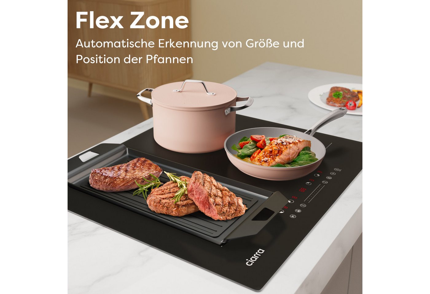 CIARRA Flex-Induktions-Kochfeld 60 cm Induktionskochfeld mit BOOST 2-Flex-Zone Touch Control CBBIH4BFF, 4-Zonen Einbau Kochfelder Induktionsherd 9 Stufen 99 Min – Bild 4 von 5