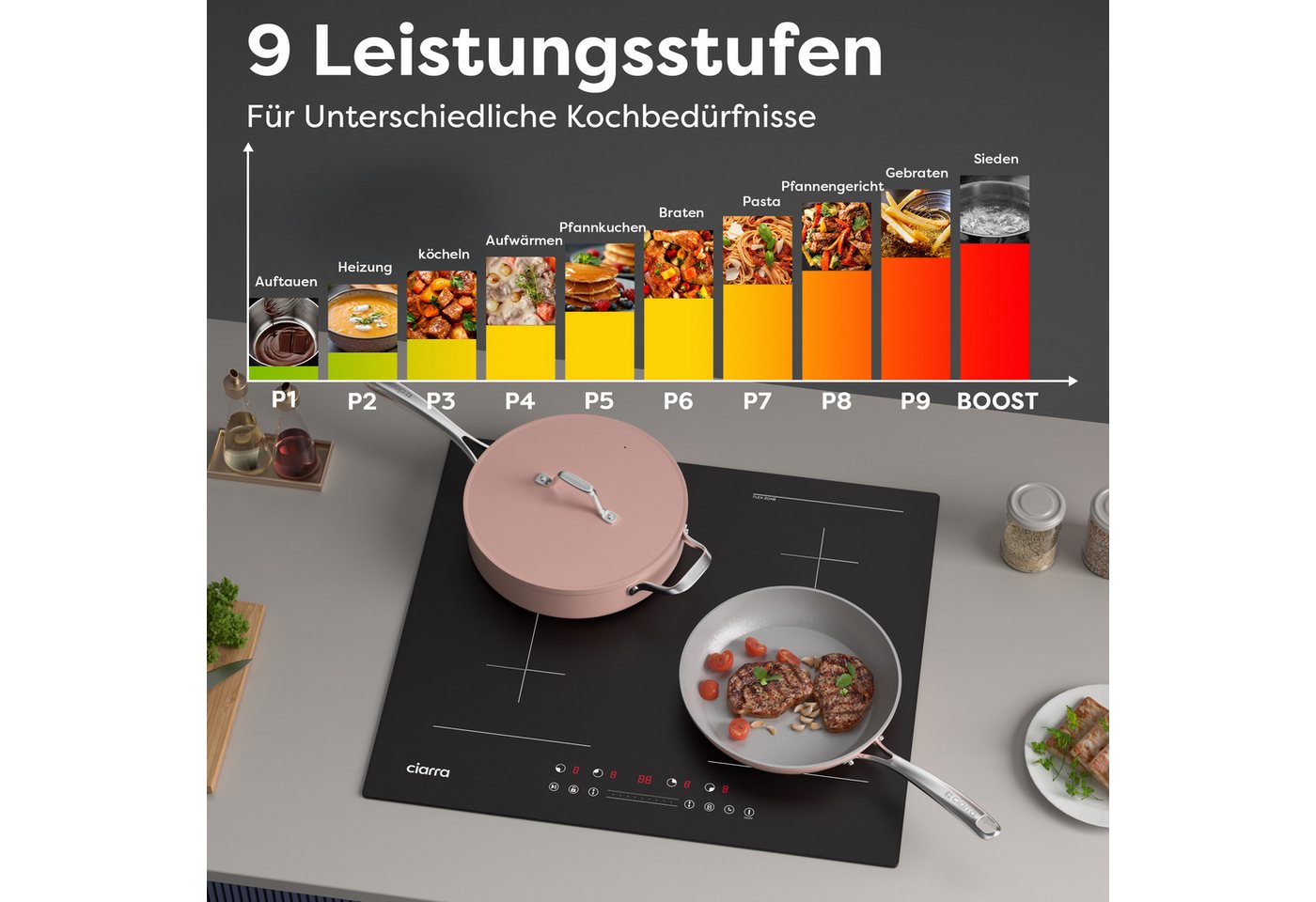 CIARRA Flex-Induktions-Kochfeld 60 cm Induktionskochfeld mit BOOST 2-Flex-Zone Touch Control CBBIH4BFF, 4-Zonen Einbau Kochfelder Induktionsherd 9 Stufen 99 Min – Bild 5 von 5