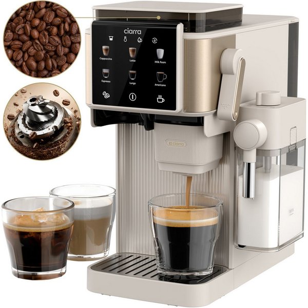 CIARRA Kaffeemaschine mit Mahlwerk Bohnen, Espressomaschine mit Milchaufschäumer(300 ml), 6 Kaffeeoptionen auf Knopfdruck, 15 Bar Pumpendruck CBSACM-D6, Touch-D