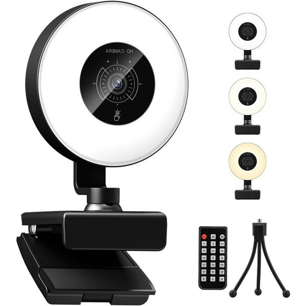 CkeyiN 4K Webcam mit Ringlicht PC Kamera Streaming Kamera 1080P 30FPS Full HD-Webcam (4K Ultra HD, 9x opt. Zoom, Autofokus 3 Lichtsmodi stufenlose Einstellung m