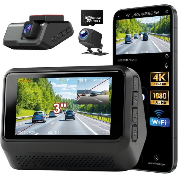 CkeyiN Dashcam Auto 4K 1080P 2-Kanal 170° Weitwinkel mit 32GB TF-Karte WDR Dashcam (4K Ultra HD, 3'' IPS-Bildschirm, mit Nachtsicht, G-Sensor, Loop-Aufnahme Wif