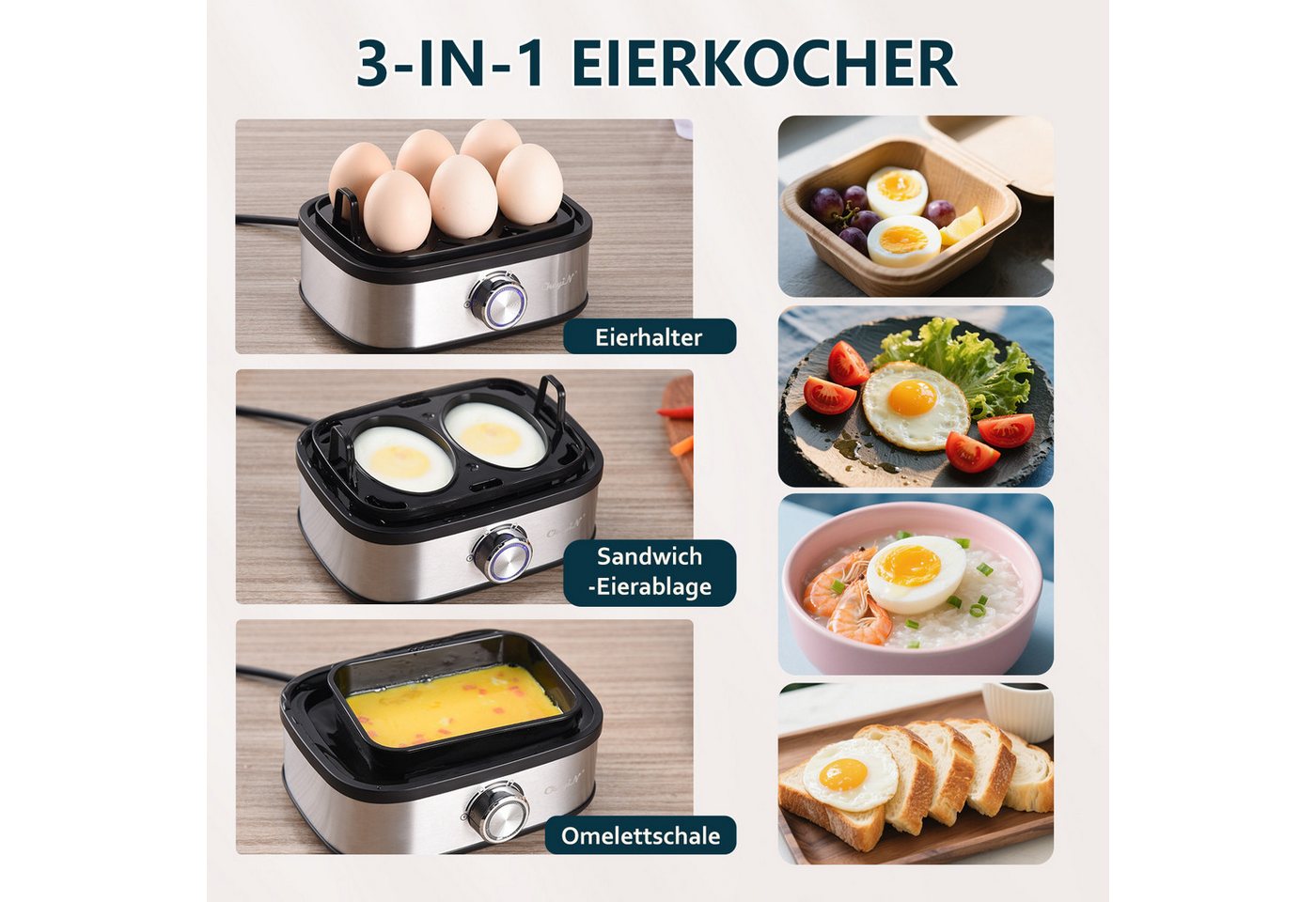 CkeyiN Eierkocher für 6 Eier mit Härtegradeinstellung, Timer, Überhitzungsschutz, Anzahl Eier: 6 St., 400 W, mit Messbecher und Eierspieß, für Frühstückseier vo – Bild 2 von 5
