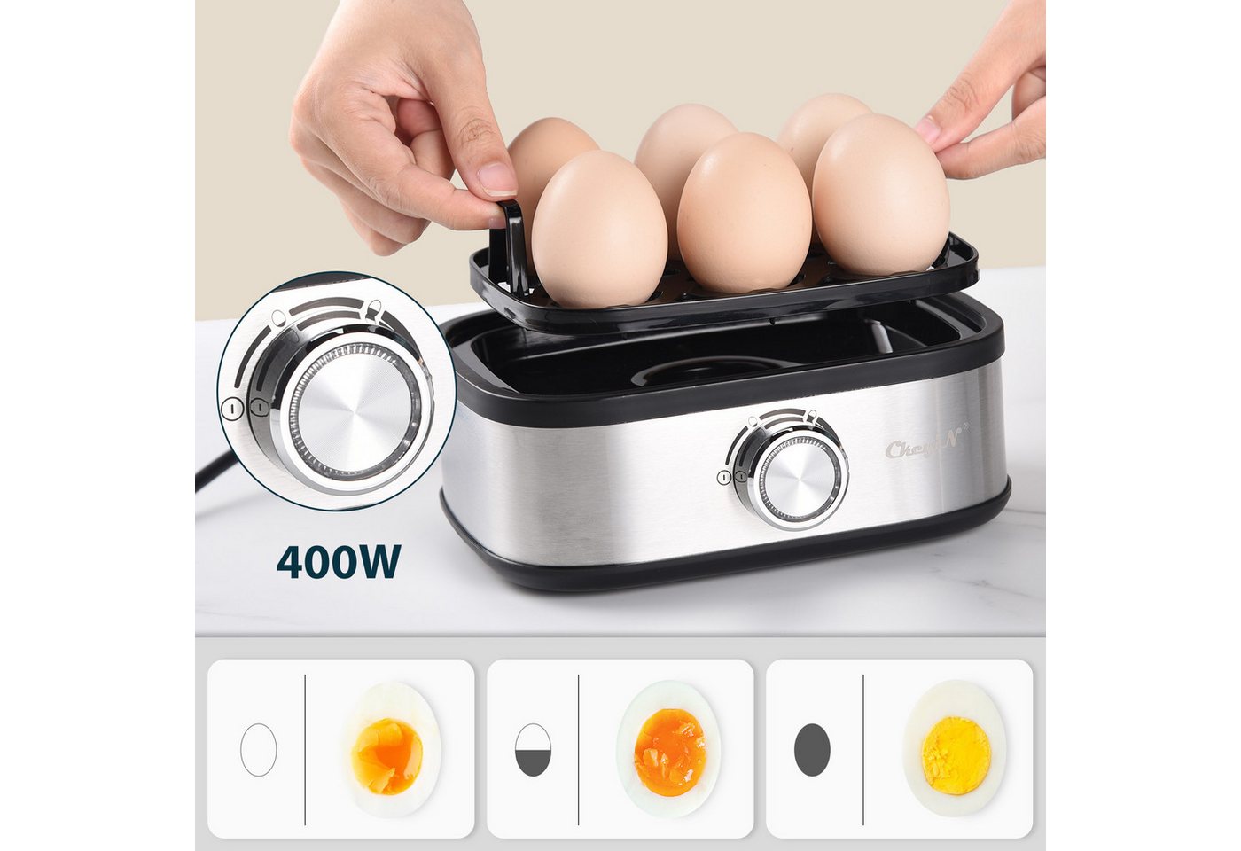 CkeyiN Eierkocher für 6 Eier mit Härtegradeinstellung, Timer, Überhitzungsschutz, Anzahl Eier: 6 St., 400 W, mit Messbecher und Eierspieß, für Frühstückseier vo – Bild 3 von 5