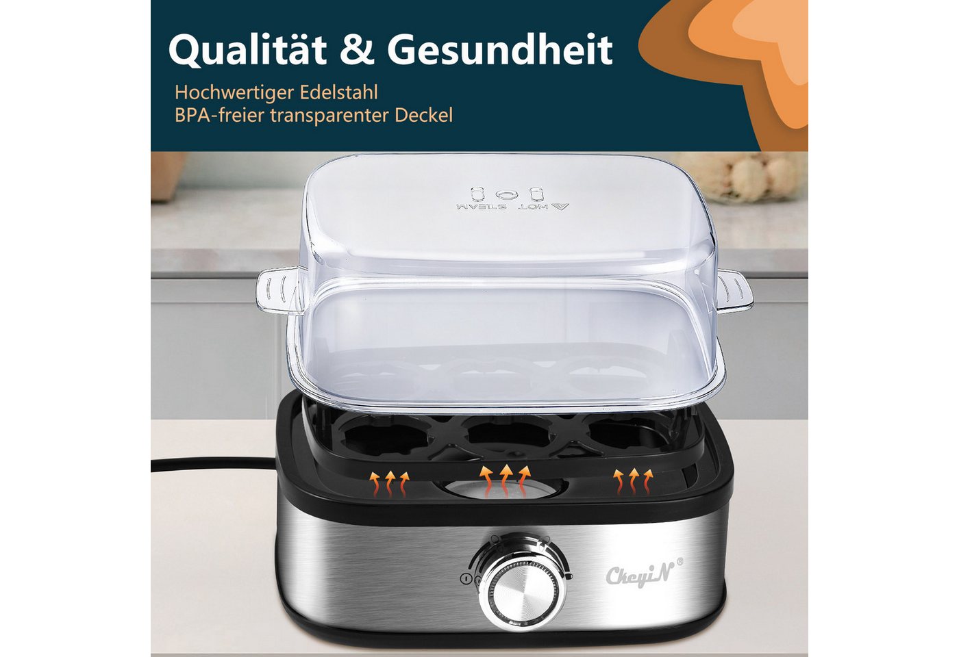 CkeyiN Eierkocher für 6 Eier mit Härtegradeinstellung, Timer, Überhitzungsschutz, Anzahl Eier: 6 St., 400 W, mit Messbecher und Eierspieß, für Frühstückseier vo – Bild 5 von 5