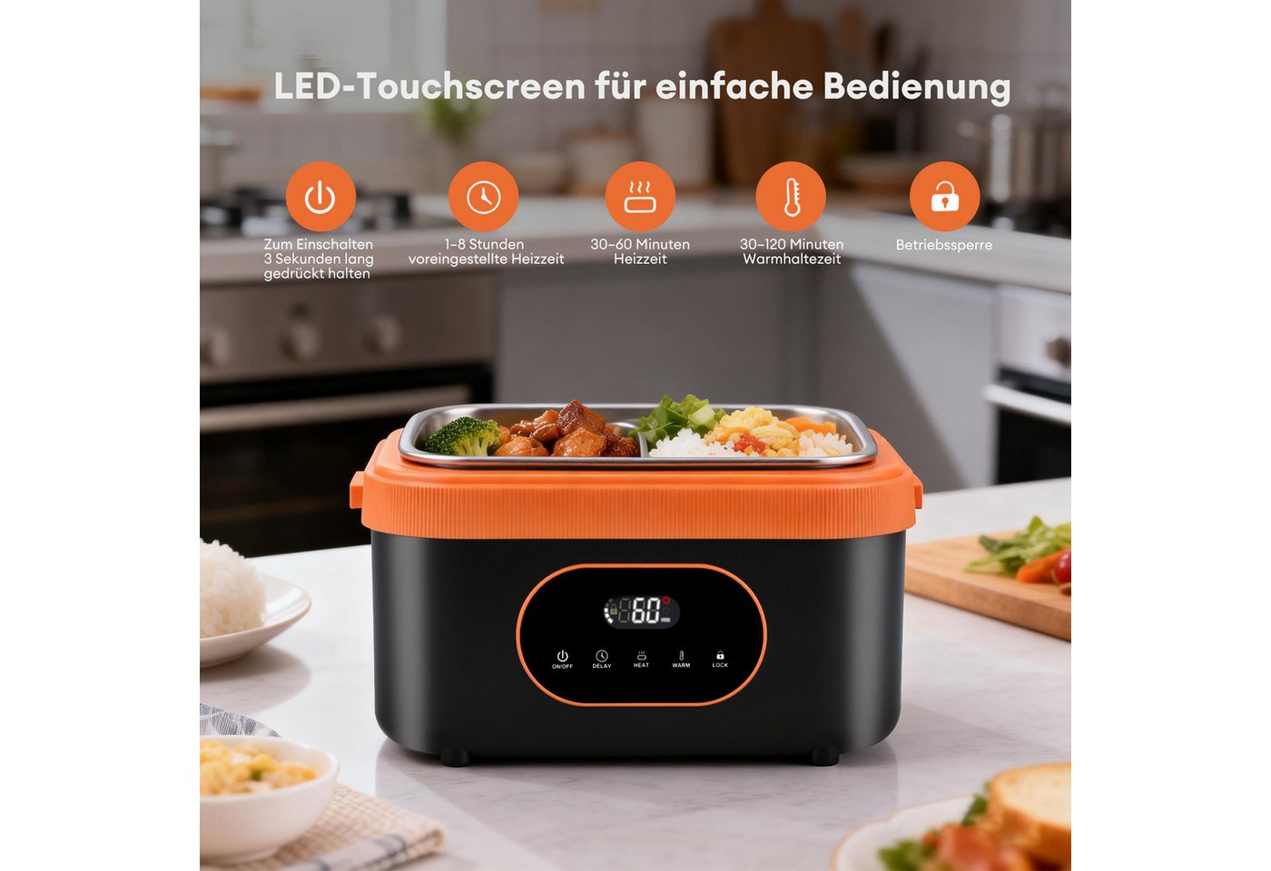 CkeyiN Elektrische Lunchbox Kabellos 1,5 L Batteriebetrieben Beheizbare Lunchbox 18000mAh, 60W selbstheizender Speisenwärmer für Büro Auto Reisen – Bild 2 von 5