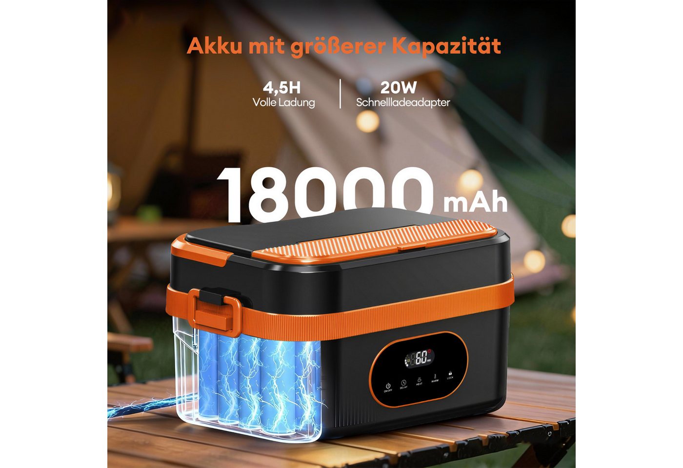 CkeyiN Elektrische Lunchbox Kabellos 1,5 L Batteriebetrieben Beheizbare Lunchbox 18000mAh, 60W selbstheizender Speisenwärmer für Büro Auto Reisen – Bild 4 von 5