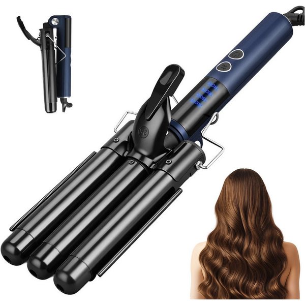 CkeyiN Lockenstab Wasserwellen 25mm,Lockenstab 3 Fässer,Faltbar Crimpers,140℃-220℃, Keramik Lockenstab,Schnelle Heizung, mit LCD-Temperaturanzeige Große,Welle f