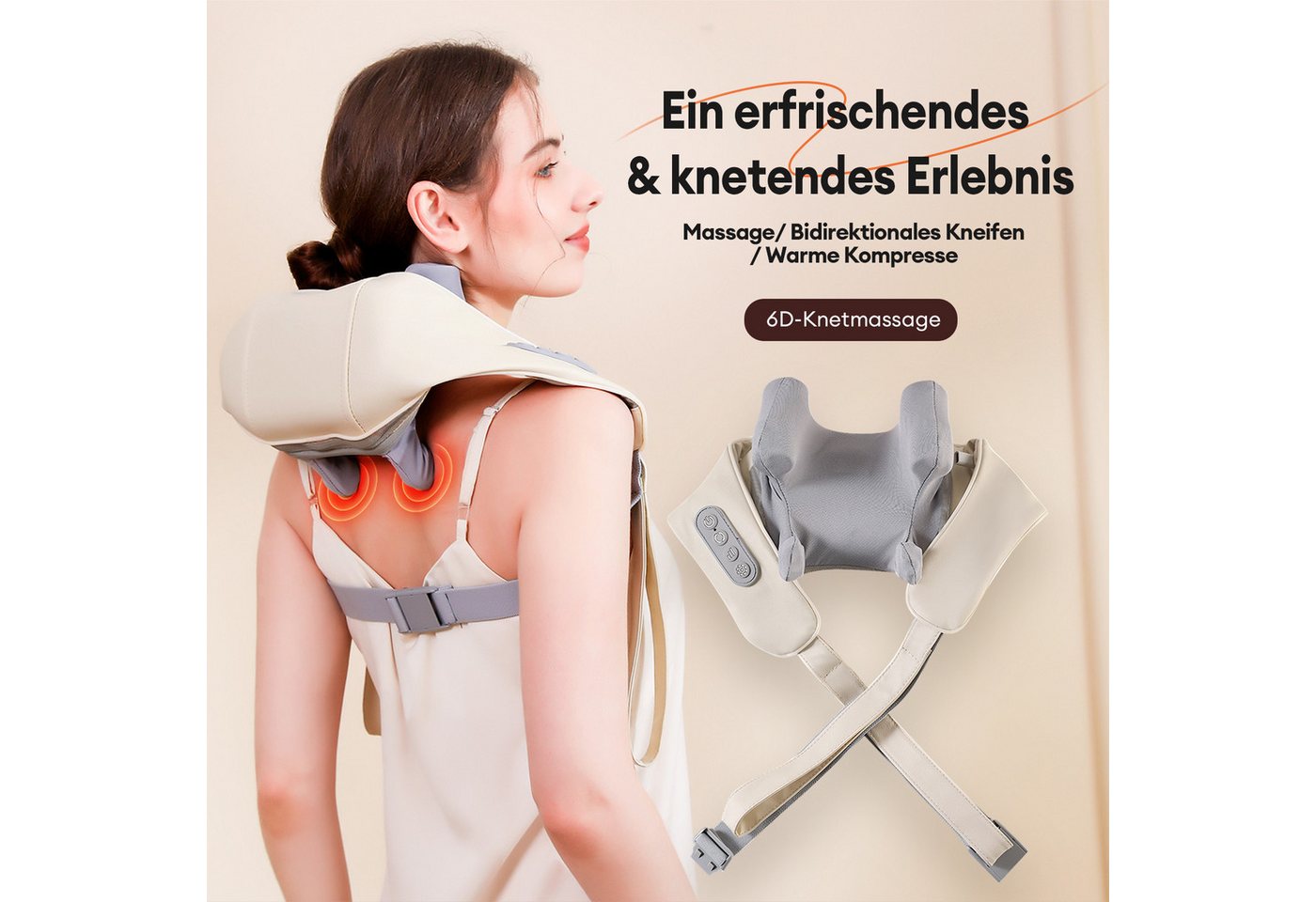 CkeyiN Nacken-Massagegerät mit Wärmefunktion, 4 Massageköpfe Nacken- und Schulter-Massagegerät, 2 Intensitätsstufen Kabelloses Shiatsu 6D Massagegerät für Nacke – Bild 2 von 5