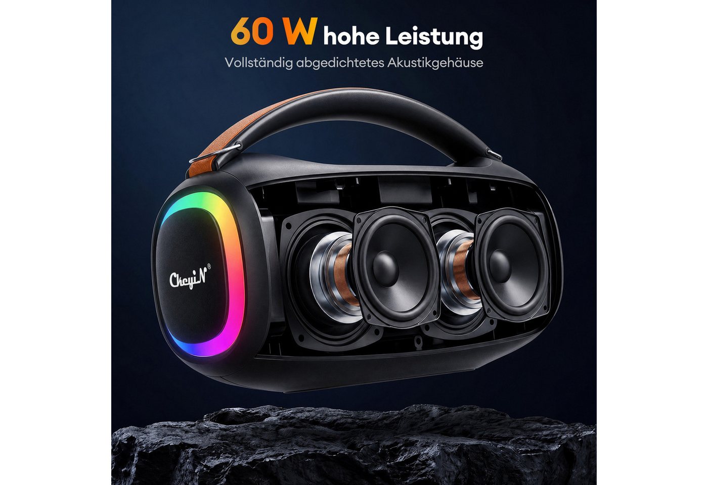 CkeyiN Portable Lautsprecher,mit 2 Mikrofonen,Tragbarer Lautsprecher Bluetooth-Lautsprecher RCA/TF/USB/AUX (Bluetooth 6.0, 60 W, 7200 mAh,mit abnehmbarem Schult – Bild 3 von 5