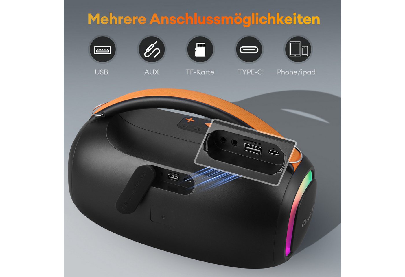 CkeyiN Portable Lautsprecher,mit 2 Mikrofonen,Tragbarer Lautsprecher Bluetooth-Lautsprecher RCA/TF/USB/AUX (Bluetooth 6.0, 60 W, 7200 mAh,mit abnehmbarem Schult – Bild 5 von 5