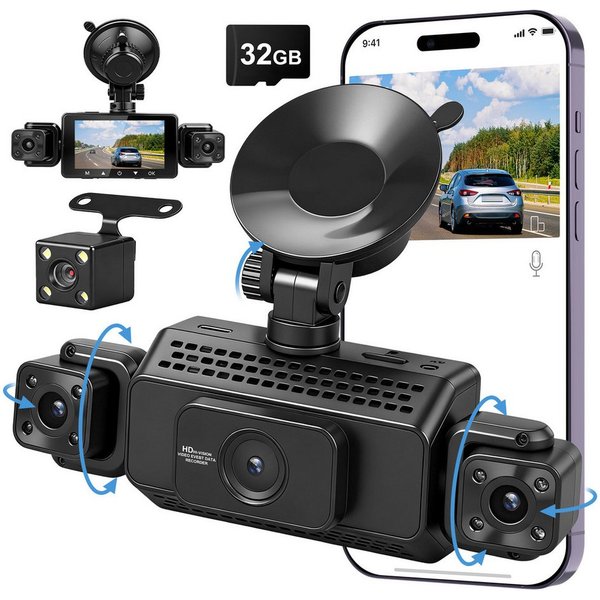 CkeyiN Pro 1080P Dashcam Auto,4-Kanal Dashcam (1080, 3-Zoll,WiFi DashCam mit 32GB Karte, G-Sensor, mit Nachtsicht, WDR, 140° Weitwinkel, Loop-Aufnahme)
