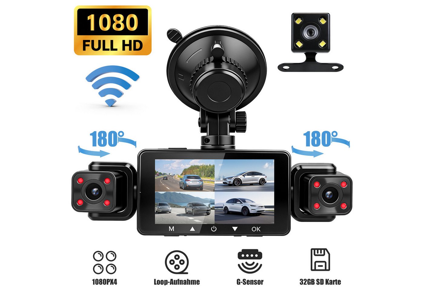 CkeyiN Pro 1080P Dashcam Auto,4-Kanal Dashcam (1080, 3-Zoll,WiFi DashCam mit 32GB Karte, G-Sensor, mit Nachtsicht, WDR, 140° Weitwinkel, Loop-Aufnahme) – Bild 2 von 5