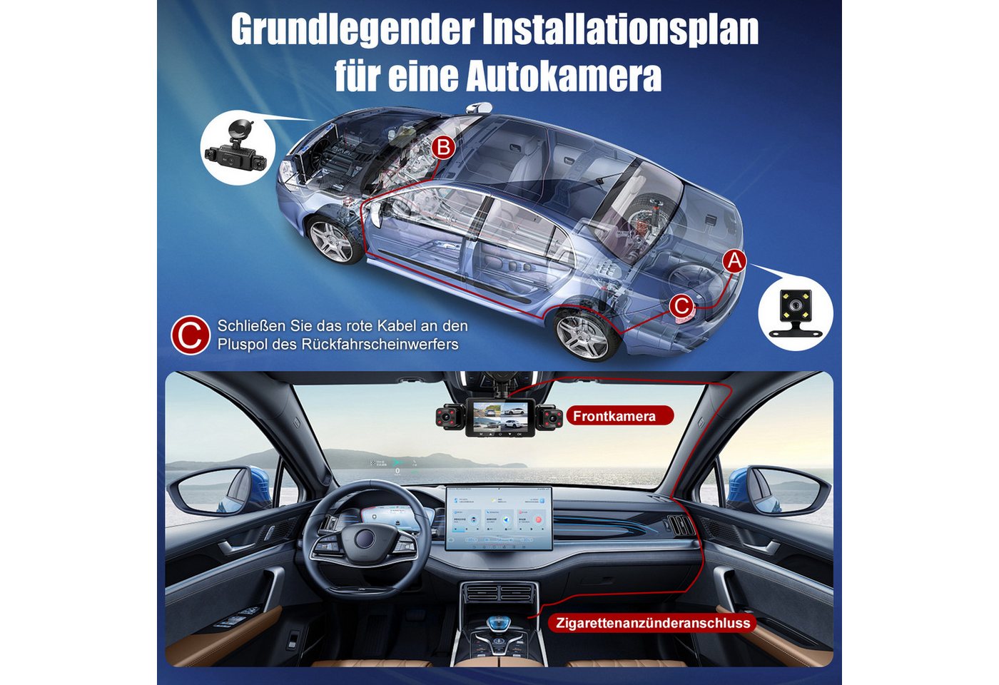 CkeyiN Pro 1080P Dashcam Auto,4-Kanal Dashcam (1080, 3-Zoll,WiFi DashCam mit 32GB Karte, G-Sensor, mit Nachtsicht, WDR, 140° Weitwinkel, Loop-Aufnahme) – Bild 4 von 5