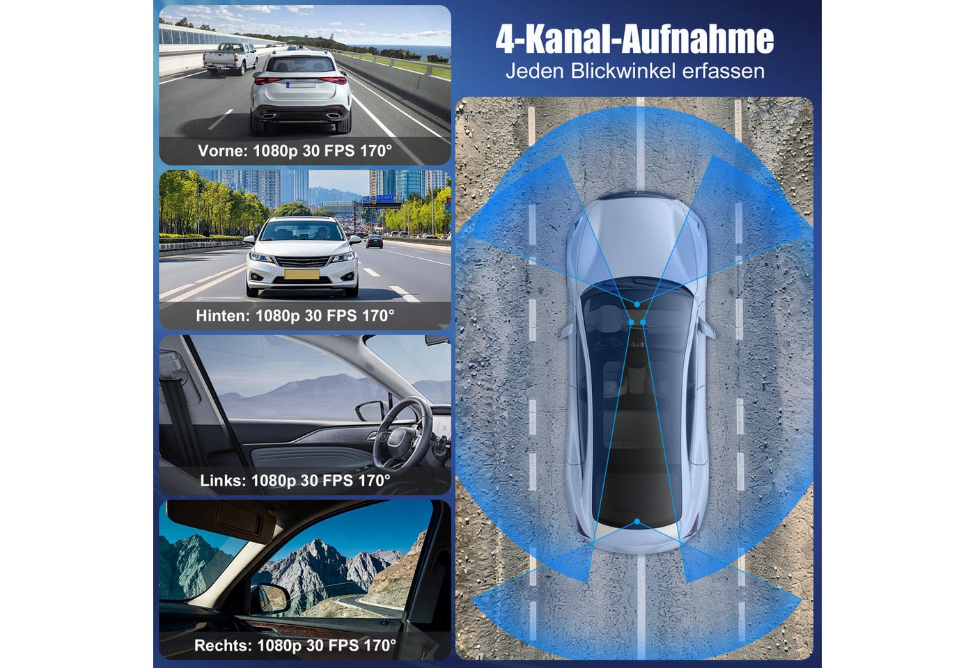 CkeyiN Pro 1080P Dashcam Auto,4-Kanal Dashcam (1080, 3-Zoll,WiFi DashCam mit 32GB Karte, G-Sensor, mit Nachtsicht, WDR, 140° Weitwinkel, Loop-Aufnahme) – Bild 5 von 5