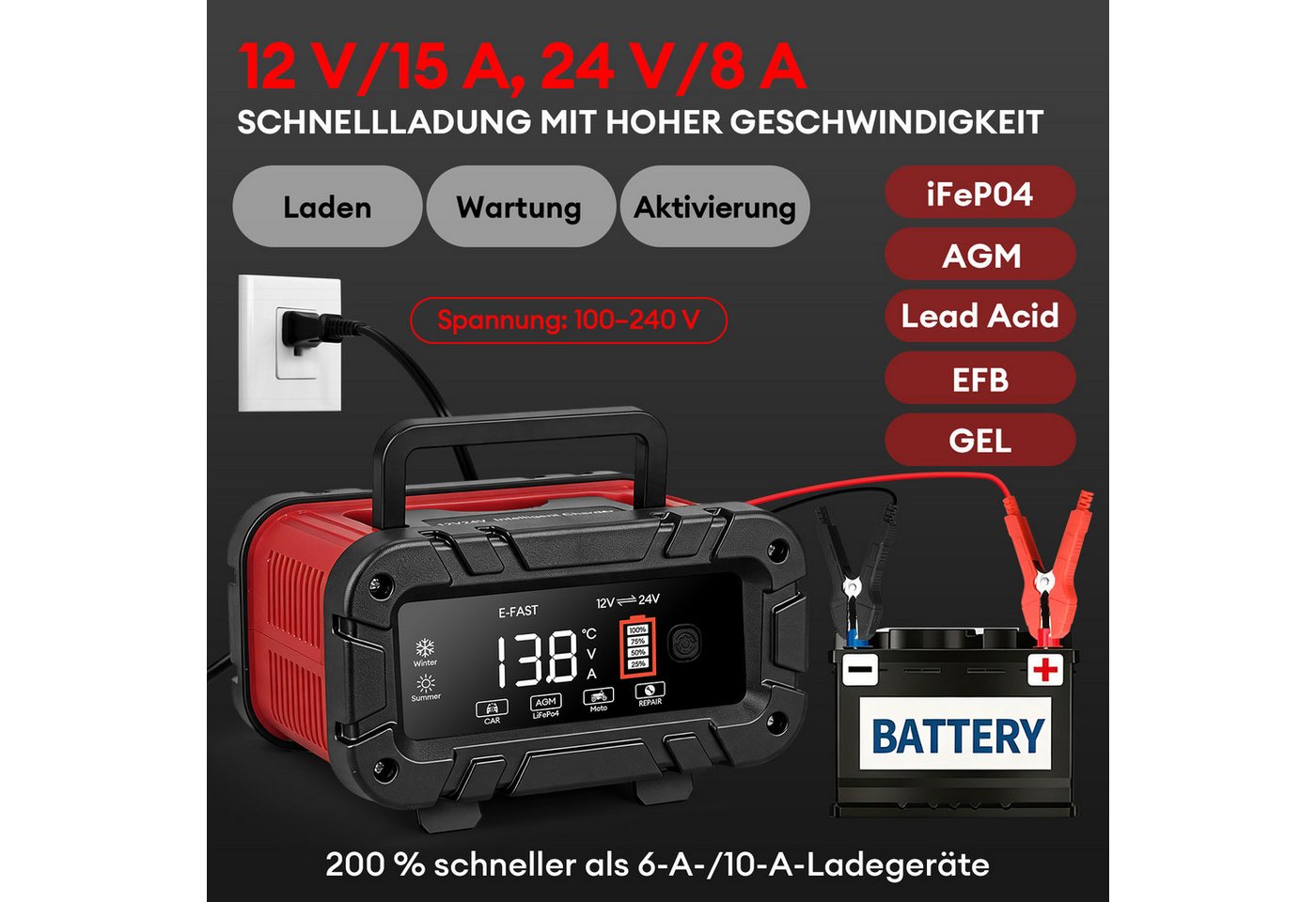 CkeyiN Pro 12V/24V Intelligentes Batterieladegerät, 15A Autobatterie-Ladegerät (7-Stufige Ladung & Reparaturmodus, Farbdisplay, für Auto, Motorrad, LKW, Blei-Sä – Bild 2 von 5