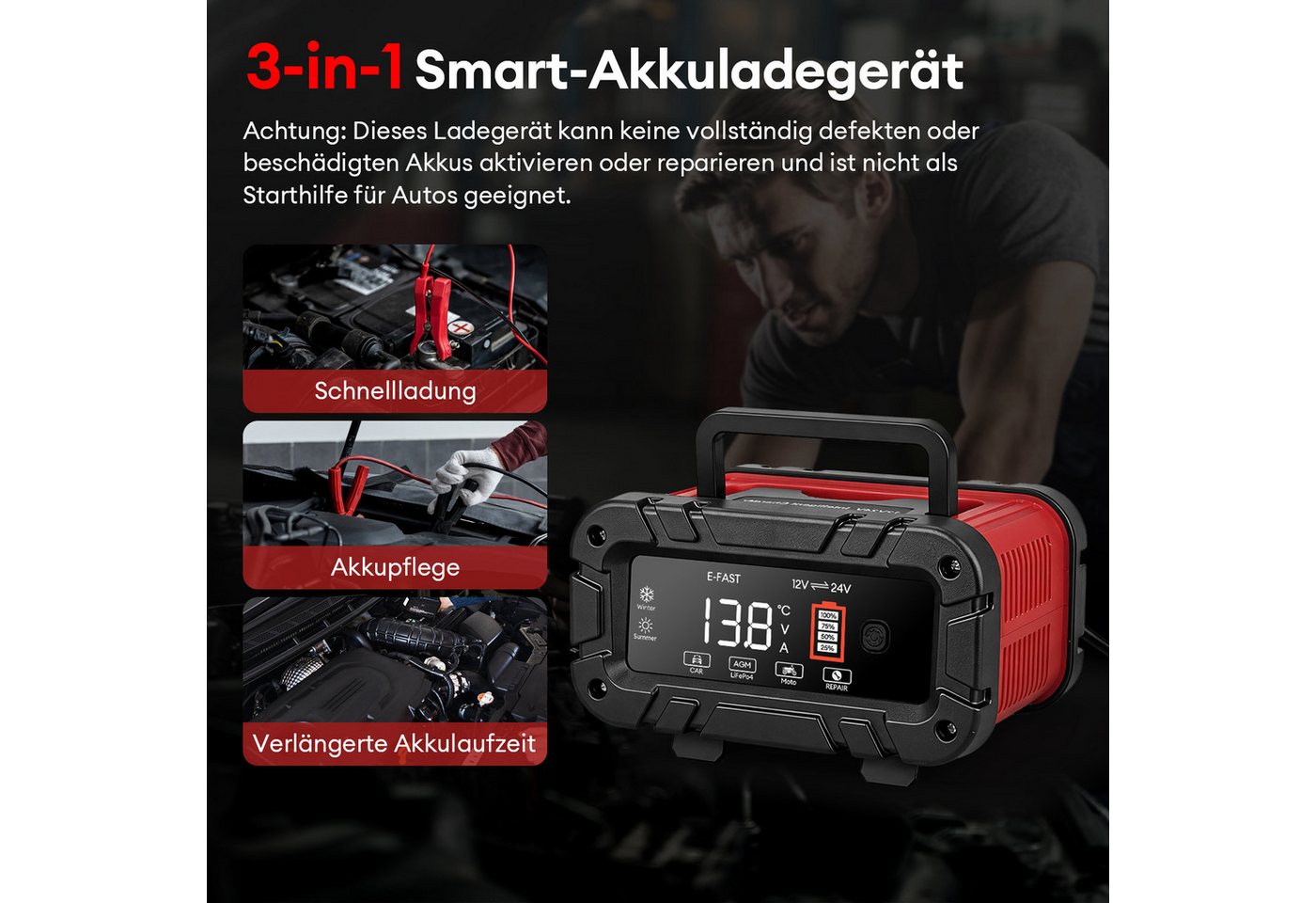 CkeyiN Pro 12V/24V Intelligentes Batterieladegerät, 15A Autobatterie-Ladegerät (7-Stufige Ladung & Reparaturmodus, Farbdisplay, für Auto, Motorrad, LKW, Blei-Sä – Bild 3 von 5