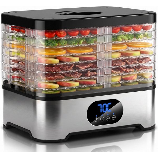 CkeyiN Pro Dörrautomat Edelstahl, Dörrgerät mit 8 Etagen, Dehydrator bis 72h-Timer 45-70°C 400 W, 8 Etagen, BPA-frei,Spülmaschinengeeignete Teile,für Obst,Gemüs