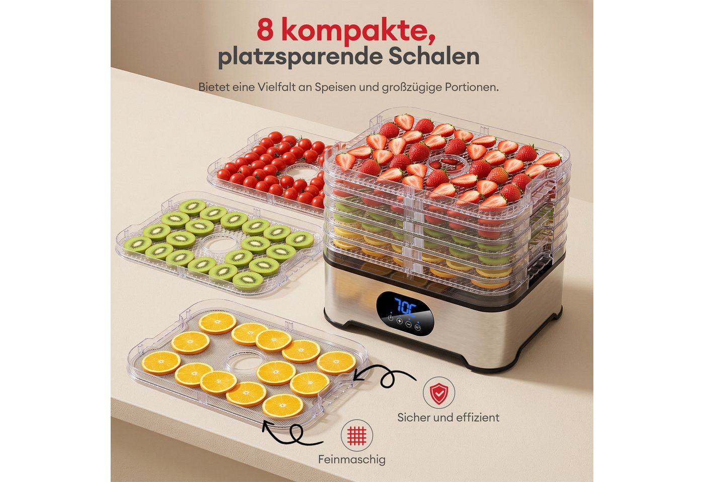 CkeyiN Pro Dörrautomat Edelstahl, Dörrgerät mit 8 Etagen, Dehydrator bis 72h-Timer 45-70°C 400 W, 8 Etagen, BPA-frei,Spülmaschinengeeignete Teile,für Obst,Gemüs – Bild 2 von 5