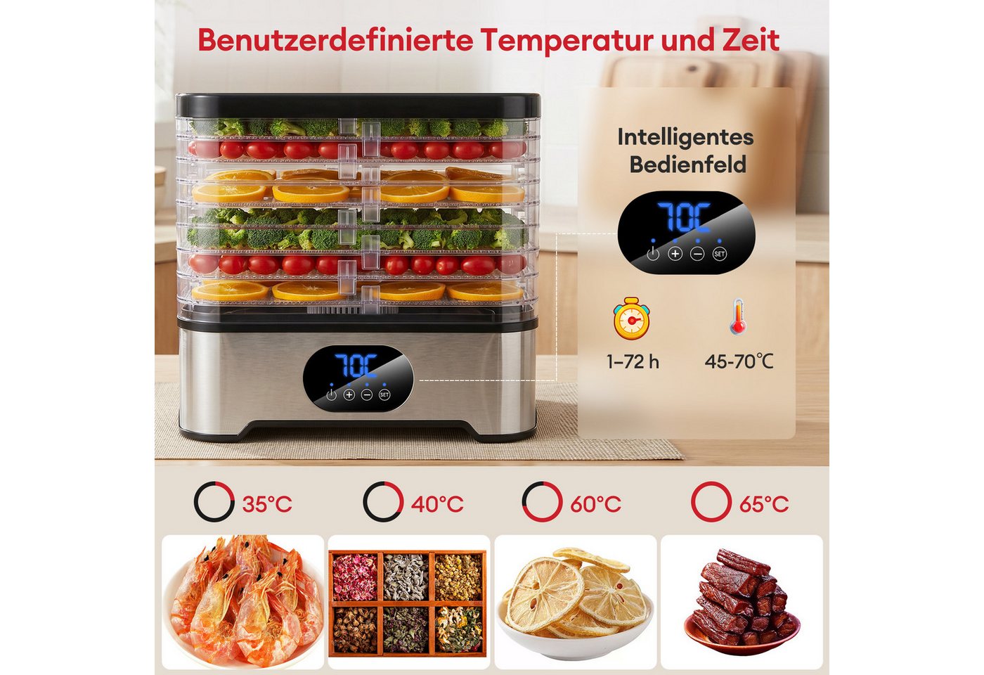 CkeyiN Pro Dörrautomat Edelstahl, Dörrgerät mit 8 Etagen, Dehydrator bis 72h-Timer 45-70°C 400 W, 8 Etagen, BPA-frei,Spülmaschinengeeignete Teile,für Obst,Gemüs – Bild 3 von 5