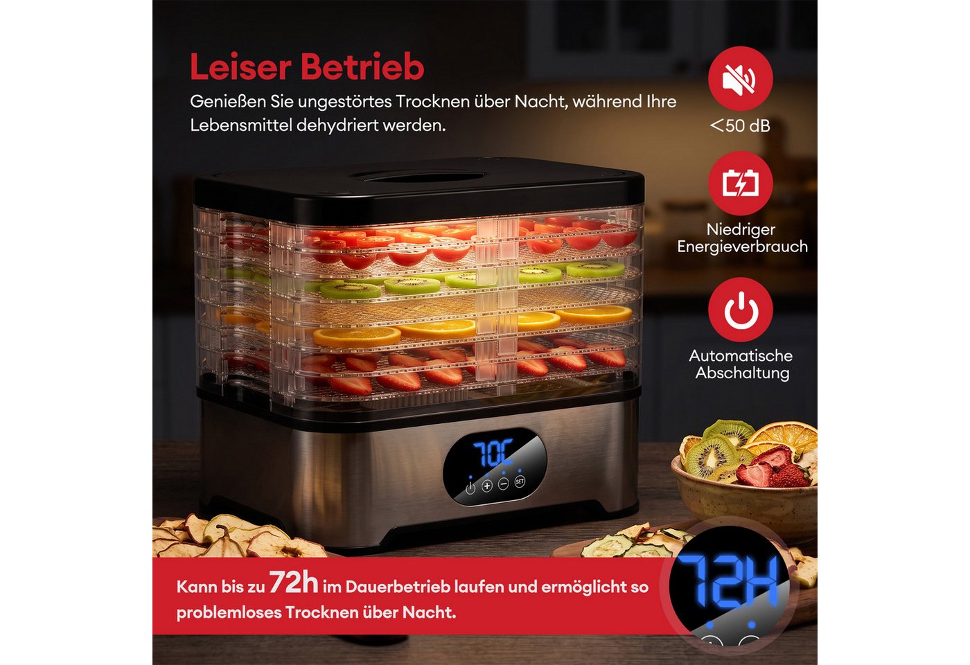 CkeyiN Pro Dörrautomat Edelstahl, Dörrgerät mit 8 Etagen, Dehydrator bis 72h-Timer 45-70°C 400 W, 8 Etagen, BPA-frei,Spülmaschinengeeignete Teile,für Obst,Gemüs – Bild 4 von 5