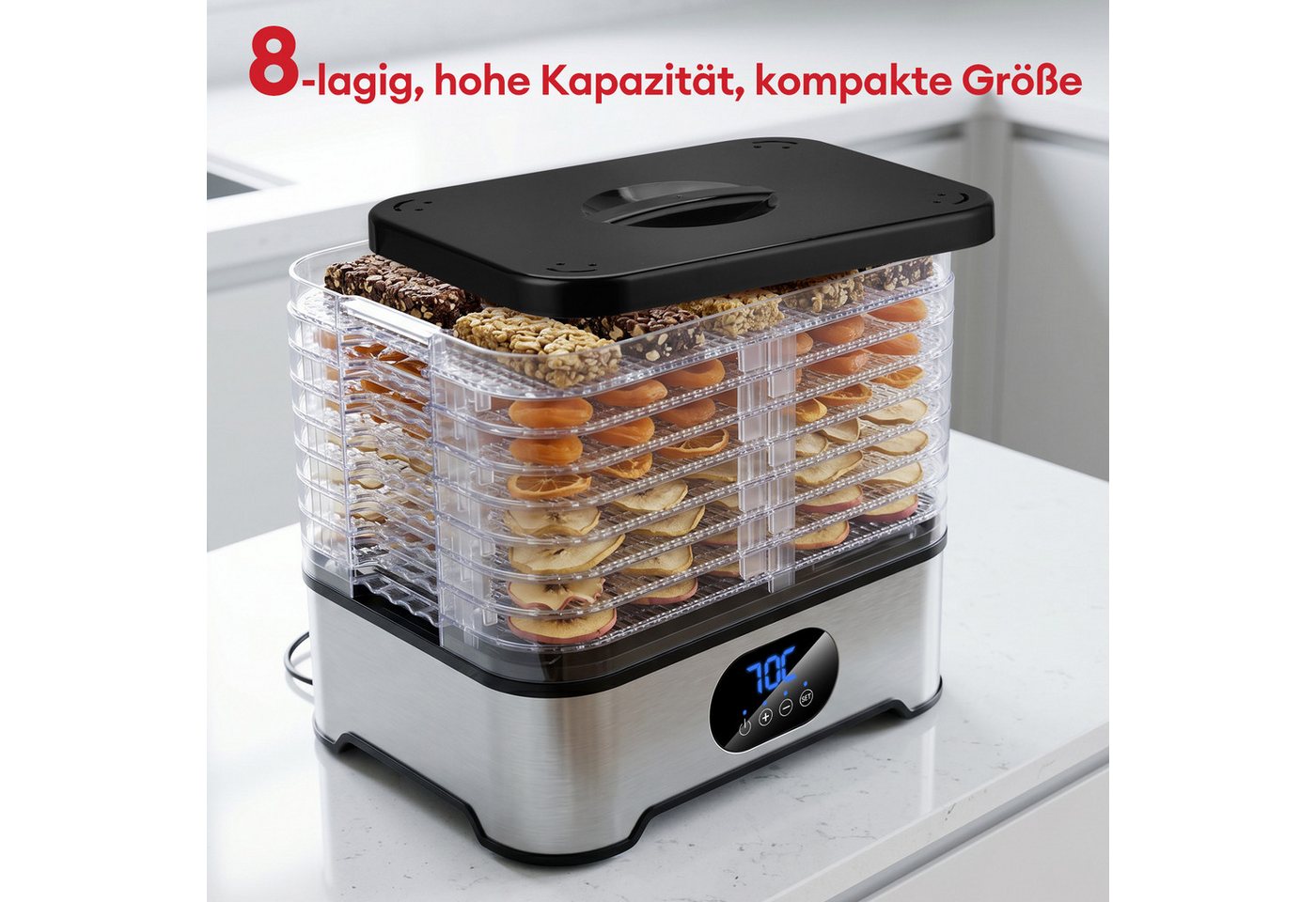 CkeyiN Pro Dörrautomat Edelstahl, Dörrgerät mit 8 Etagen, Dehydrator bis 72h-Timer 45-70°C 400 W, 8 Etagen, BPA-frei,Spülmaschinengeeignete Teile,für Obst,Gemüs – Bild 5 von 5