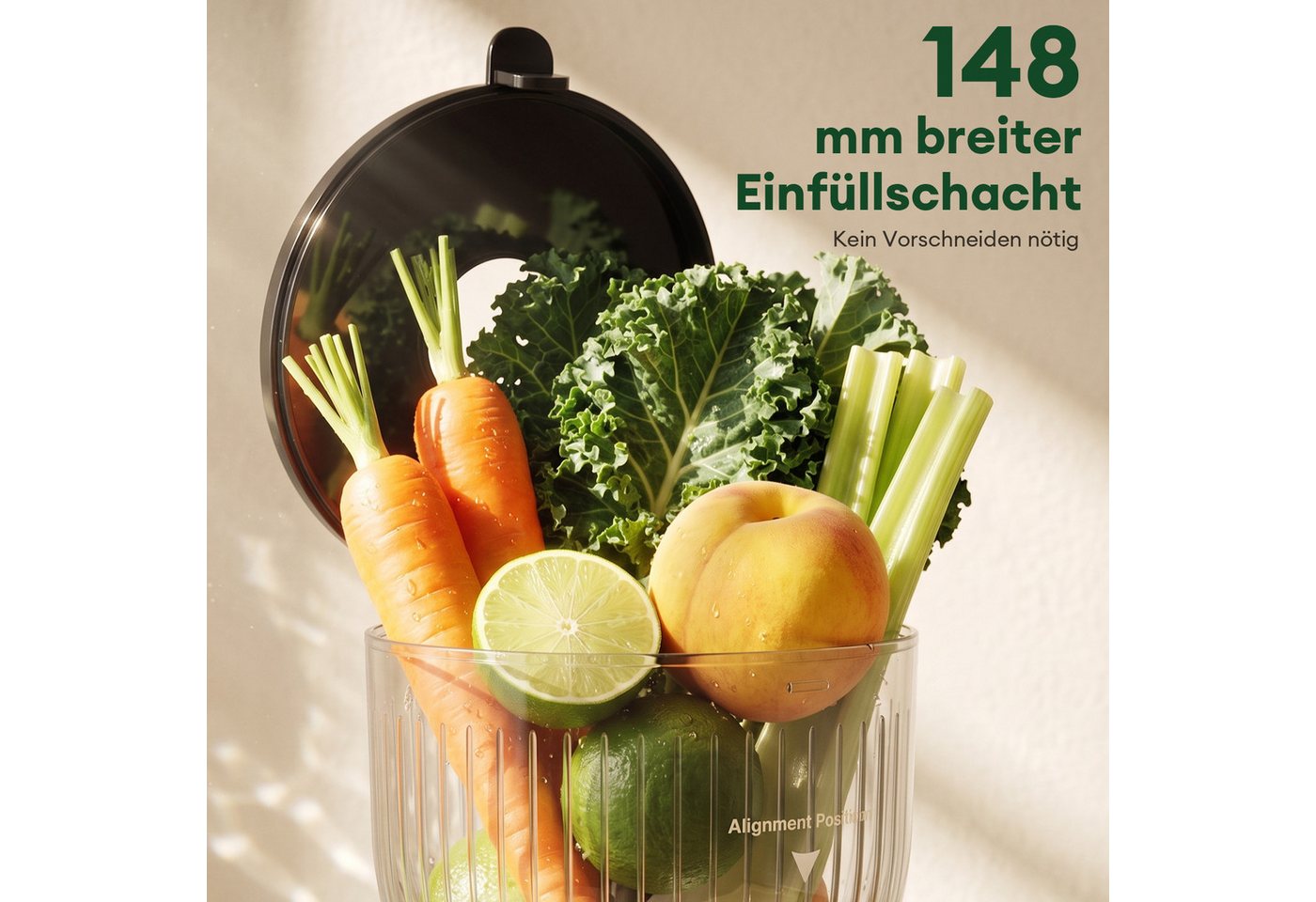 CkeyiN Pro Entsafter mit 148MM Breite, Slow Juicer für Obst und Gemüse, 300W Juicer Machine, 300 W, mit 550 ml-Becher,Spülmaschinenfest & Abnehmbare Teile – Bild 2 von 5