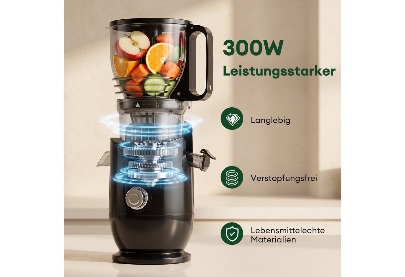 CkeyiN Pro Entsafter mit 148MM Breite, Slow Juicer für Obst und Gemüse, 300W Juicer Machine, 300 W, mit 550 ml-Becher,Spülmaschinenfest & Abnehmbare Teile – Bild 4 von 5
