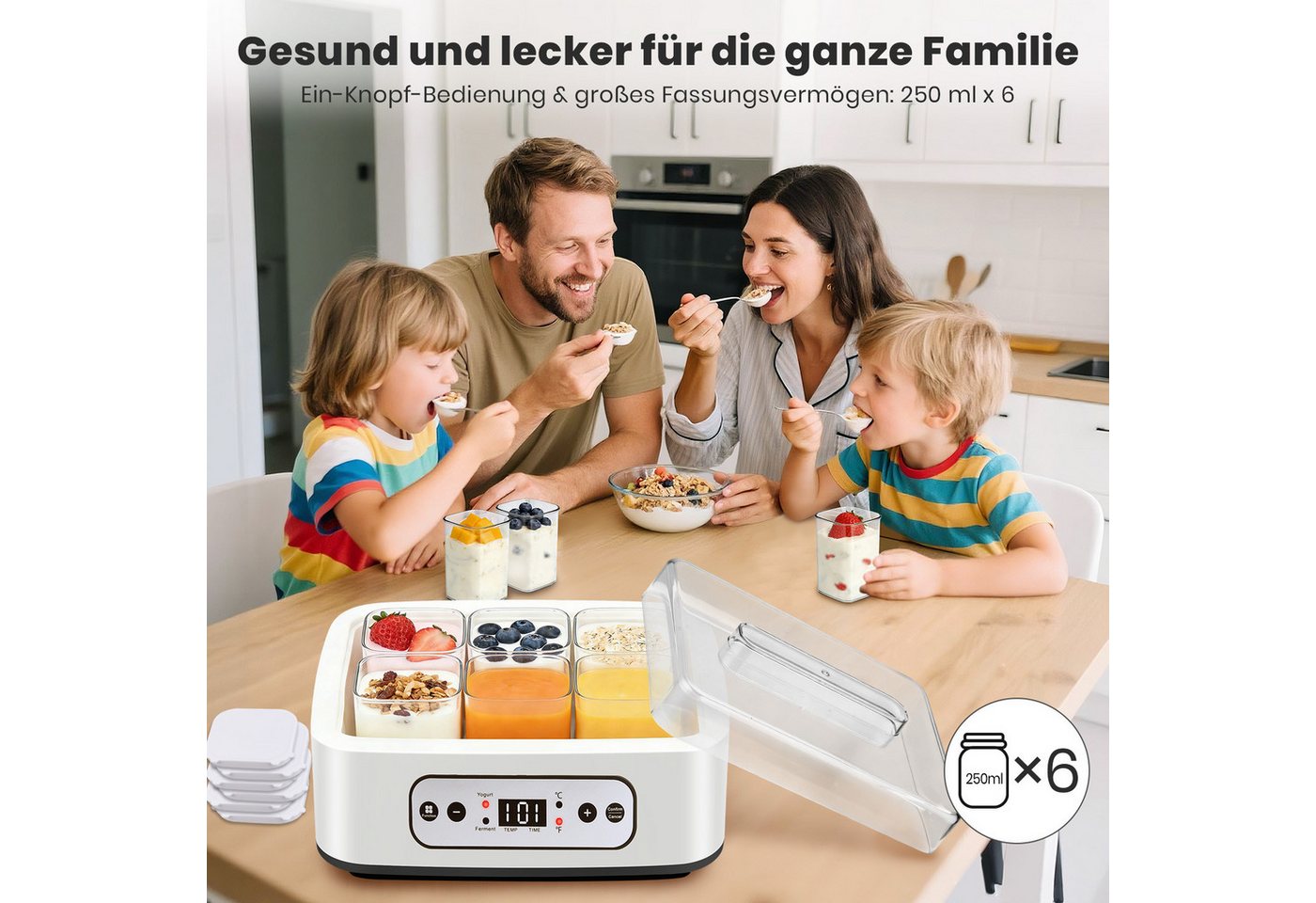 CkeyiN Pro Joghurtbereiter mit Temperatur(21-48 °C) und Timer(1-99h),6 Gläser, je 250 ml, für bis 1,5L,Hochtemperaturbeständig,LCD Display – Bild 2 von 5