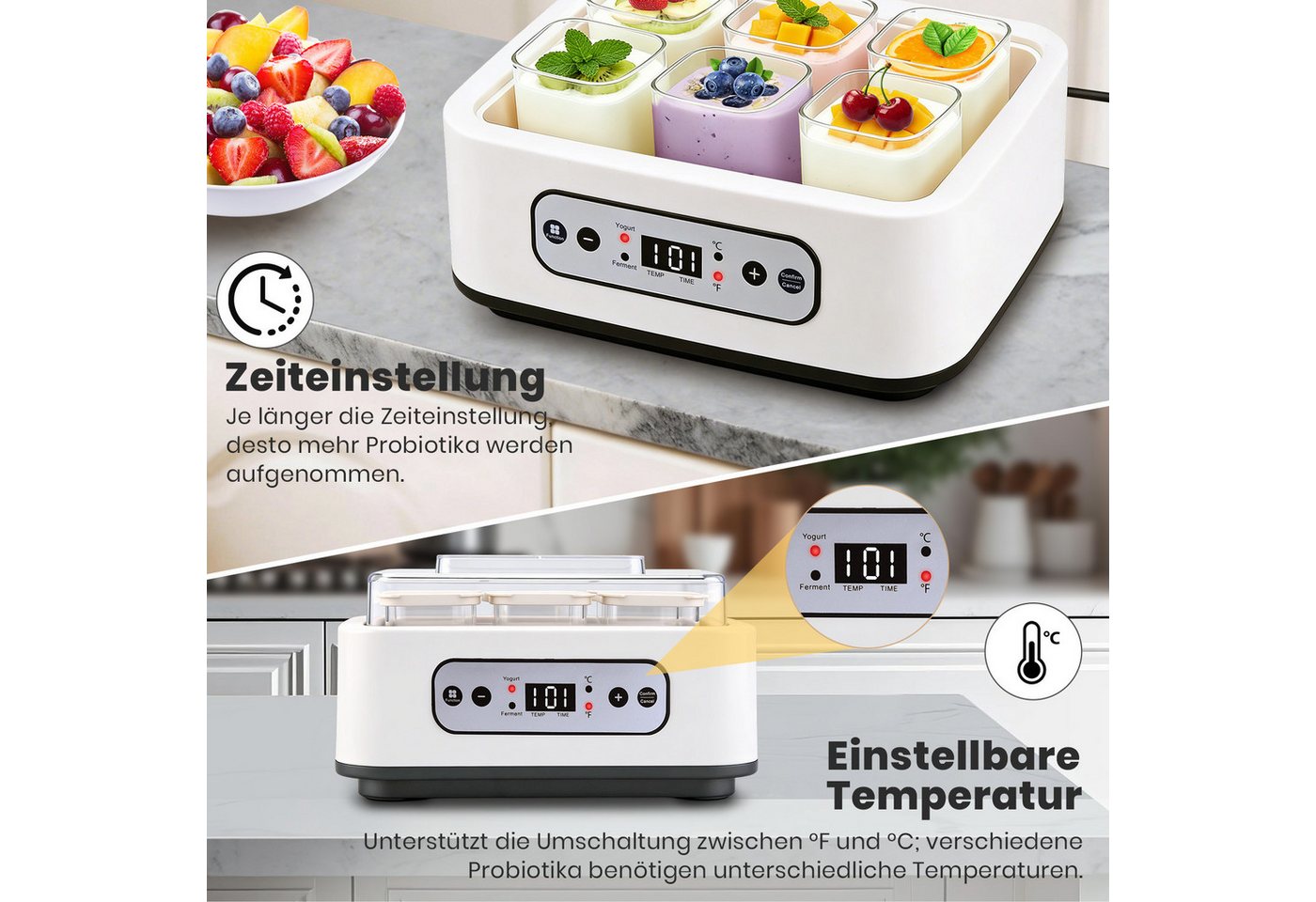 CkeyiN Pro Joghurtbereiter mit Temperatur(21-48 °C) und Timer(1-99h),6 Gläser, je 250 ml, für bis 1,5L,Hochtemperaturbeständig,LCD Display – Bild 3 von 5